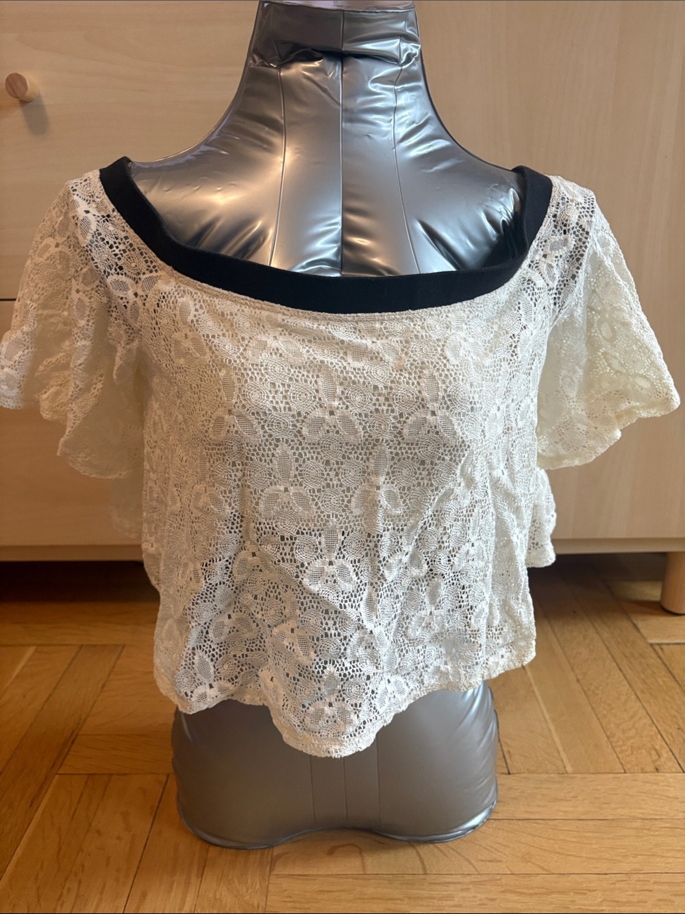 Kimchi Blue Cream Lace Off-Shoulder Crop Top with Black Trim